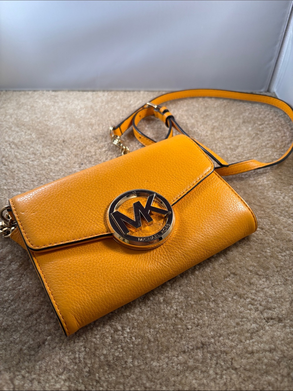 Michael Kors Bright Yellow Orange Crossbody Wallet with Gold MK Emblem